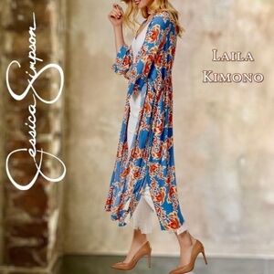 JESSICA SIMPSON Laila Open Front Botanical Kimono w/Side Tassel Drawstrings NWT